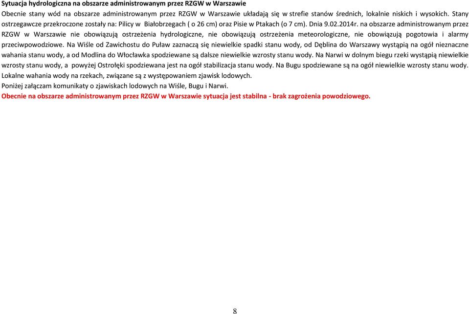 na obszarze administrowanym przez RZGW w Warszawie nie obowiązują ostrzeżenia hydrologiczne, nie obowiązują ostrzeżenia meteorologiczne, nie obowiązują pogotowia i alarmy przeciwpowodziowe.