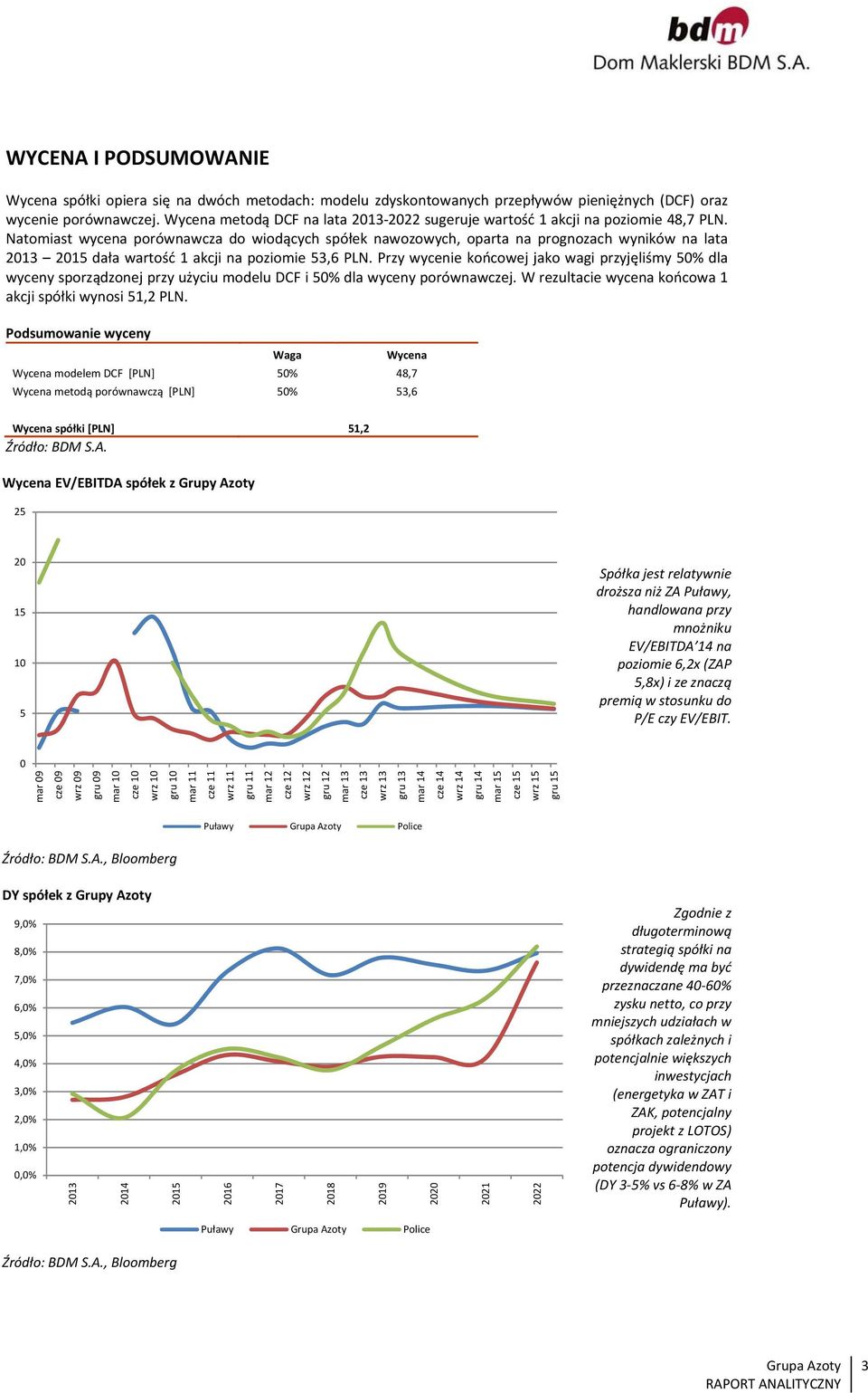 Natomiast wycena porównawcza do wiodących spółek nawozowych, oparta na prognozach wyników na lata 2013 2015 dała wartość 1 akcji na poziomie 53,6 PLN.