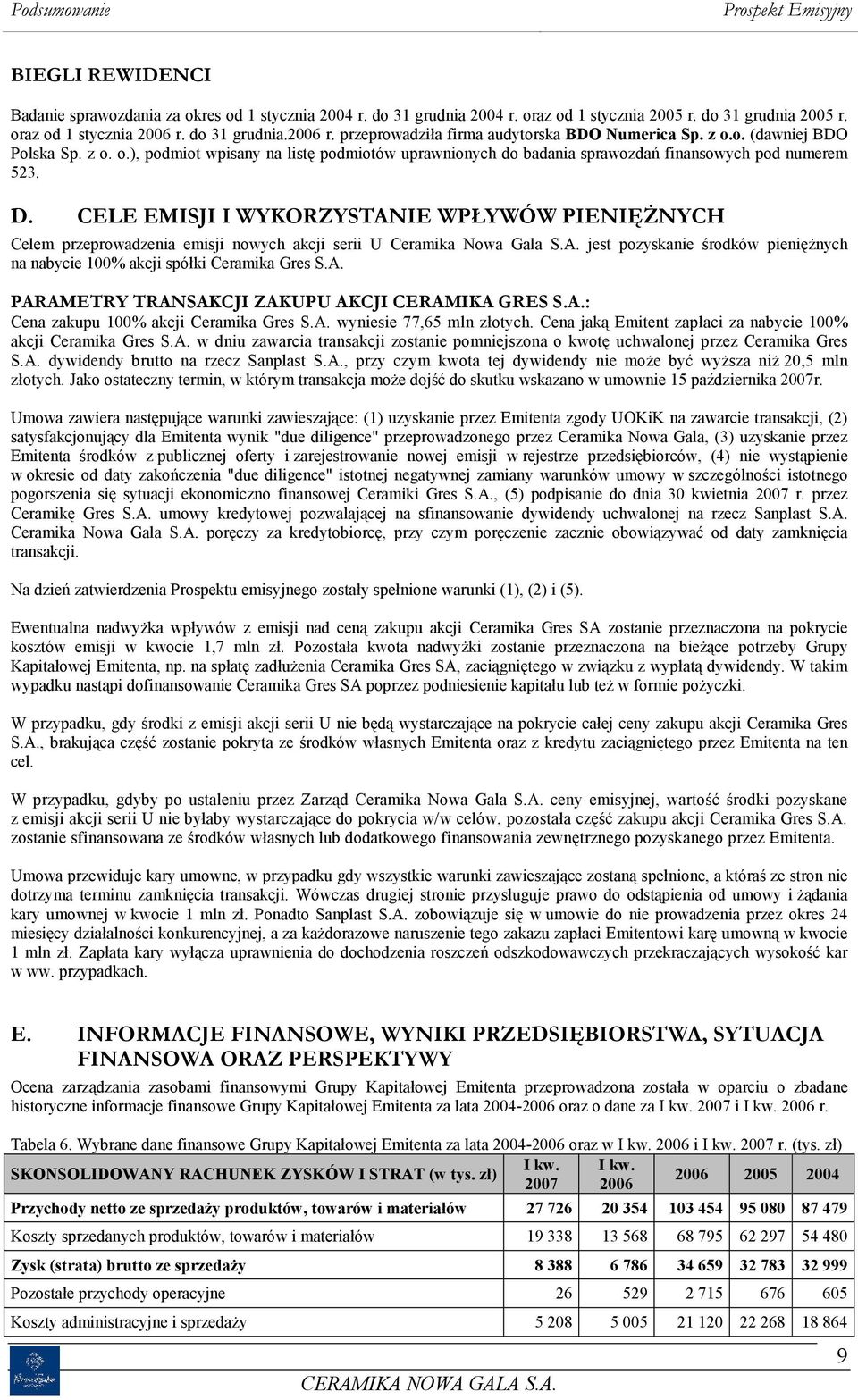 D. CELE EMISJI I WYKORZYSTANIE WPŁYWÓW PIENIĘŻNYCH Celem przeprowadzenia emisji nowych akcji serii U Ceramika Nowa Gala S.A. jest pozyskanie środków pieniężnych na nabycie 100% akcji spółki Ceramika Gres S.