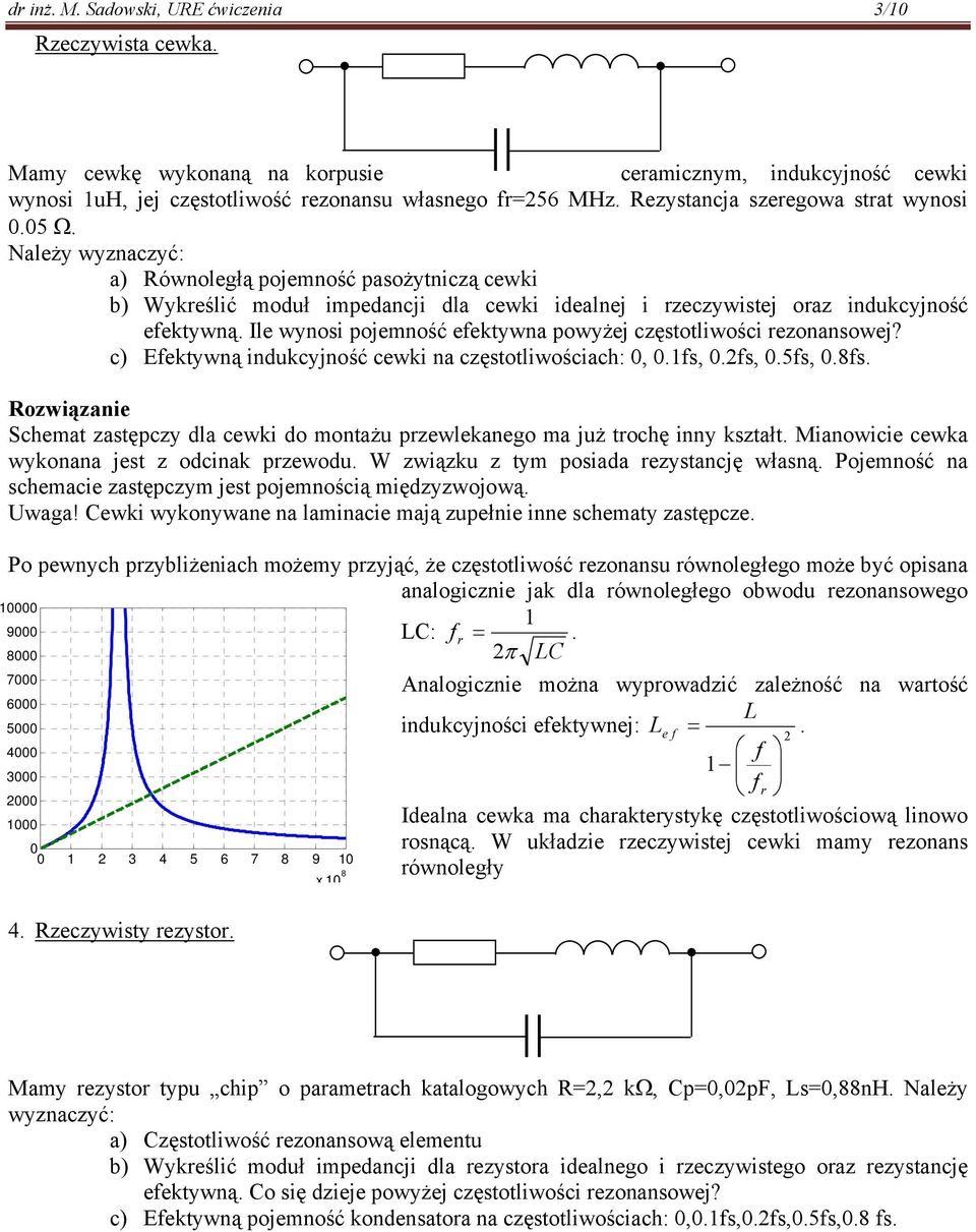 Ile wynosi pojemność efektywna powyżej częstotliwości rezonansowej? c) Efektywną indukcyjność cewki na częstotliwościach: 0, 0.fs, 0.2fs, 0.5fs, 0.8fs.