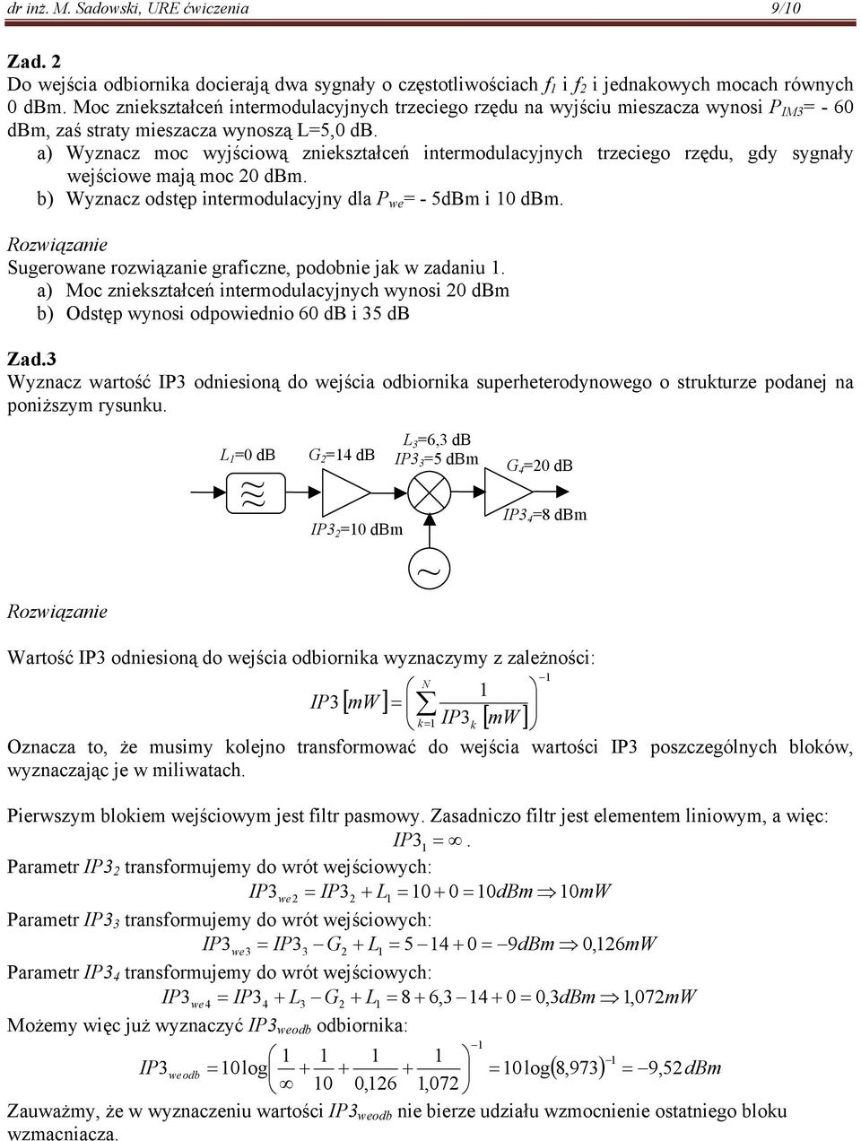 a) Wyznacz moc wyjściową zniekształceń intermodulacyjnych trzeciego rzędu, gdy sygnały wejściowe mają moc 20 dbm. ) Wyznacz odstęp intermodulacyjny dla we - 5dBm i 0 dbm.