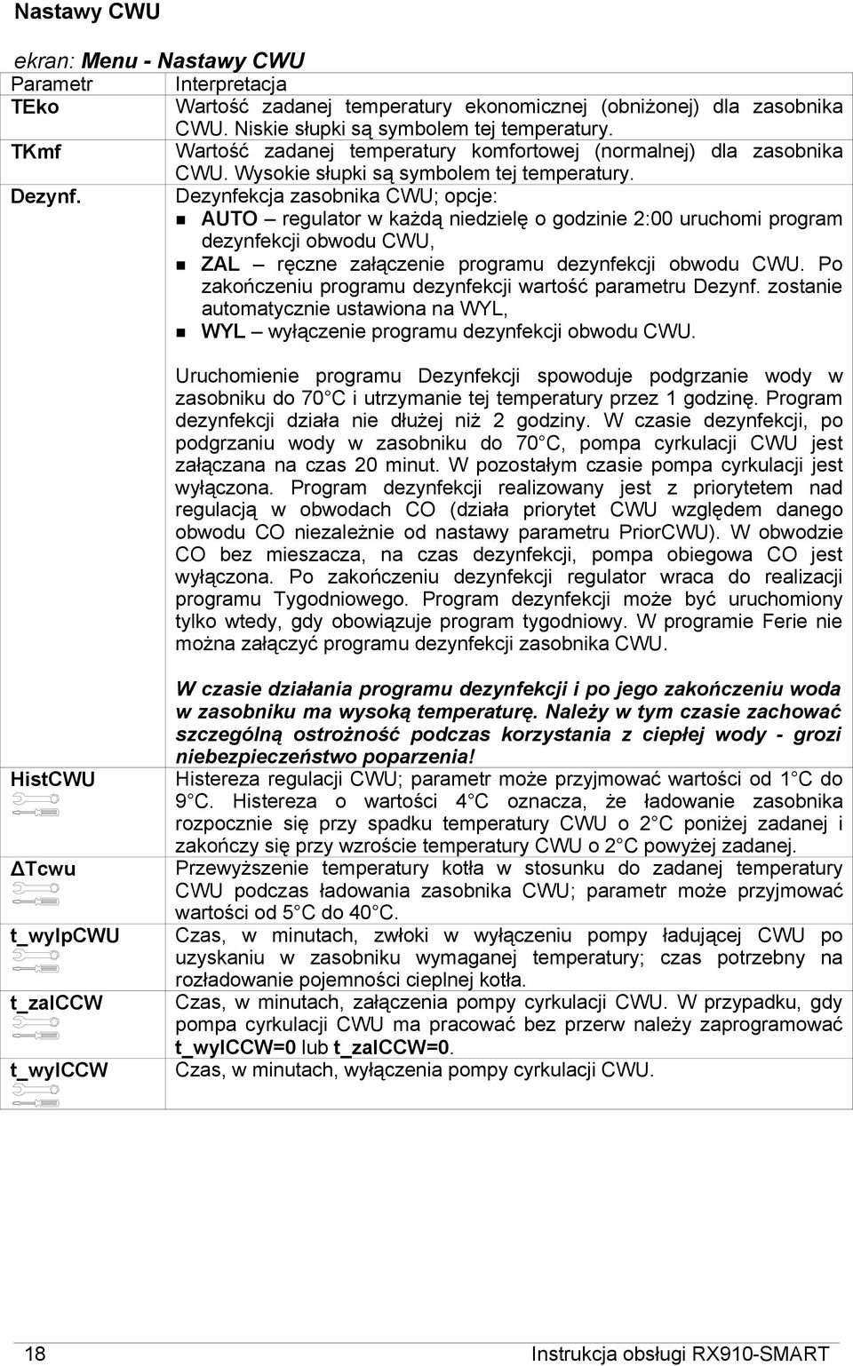 Dezynfekcja zasobnika CWU; opcje: AUTO regulator w każdą niedzielę o godzinie 2:00 uruchomi program dezynfekcji obwodu CWU, ZAL ręczne załączenie programu dezynfekcji obwodu CWU.