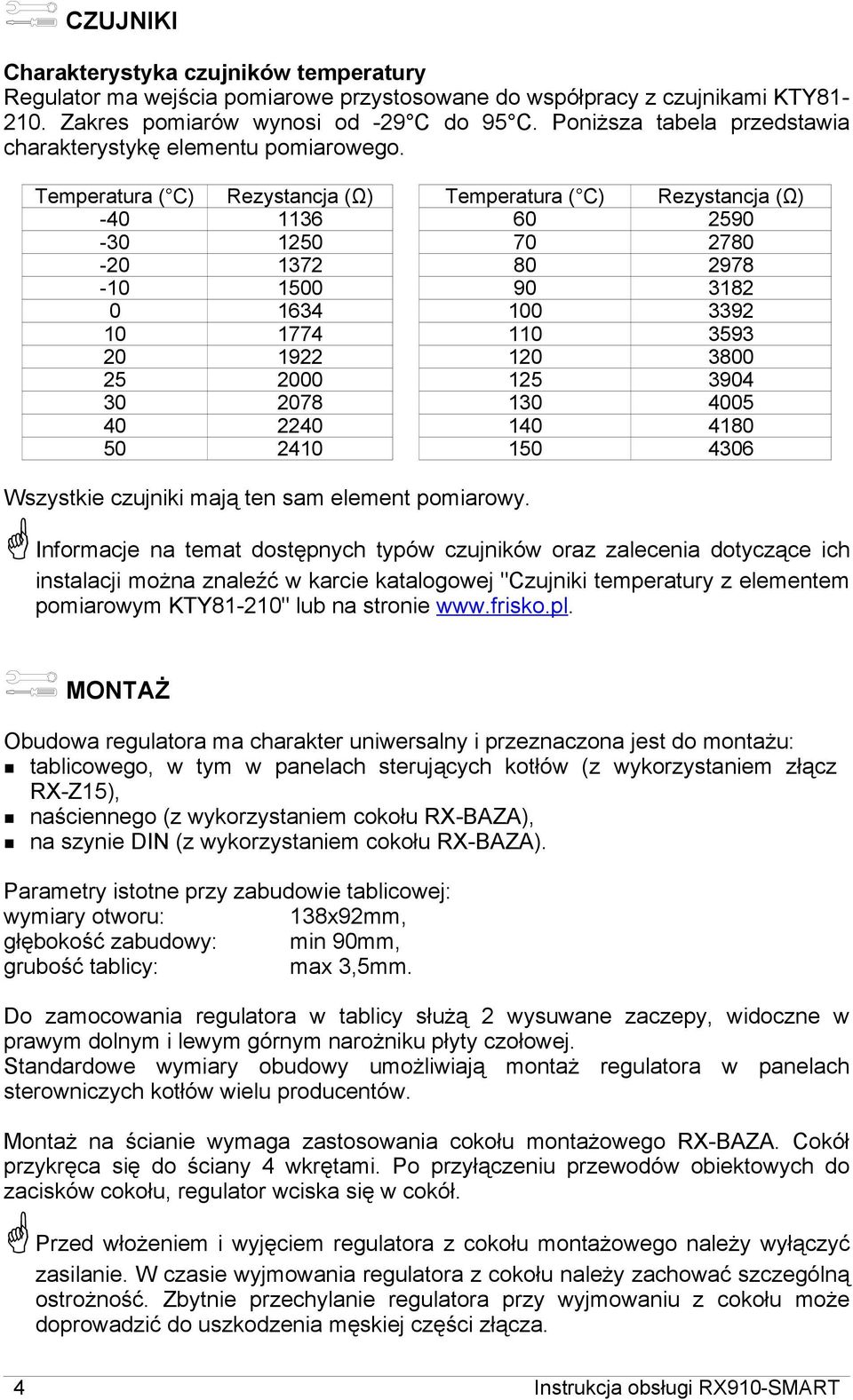 Temperatura ( C) Rezystancja (Ω) Temperatura ( C) Rezystancja (Ω) -40 1136 60 2590-30 1250 70 2780-20 1372 80 2978-10 1500 90 3182 0 1634 100 3392 10 1774 110 3593 20 1922 120 3800 25 2000 125 3904