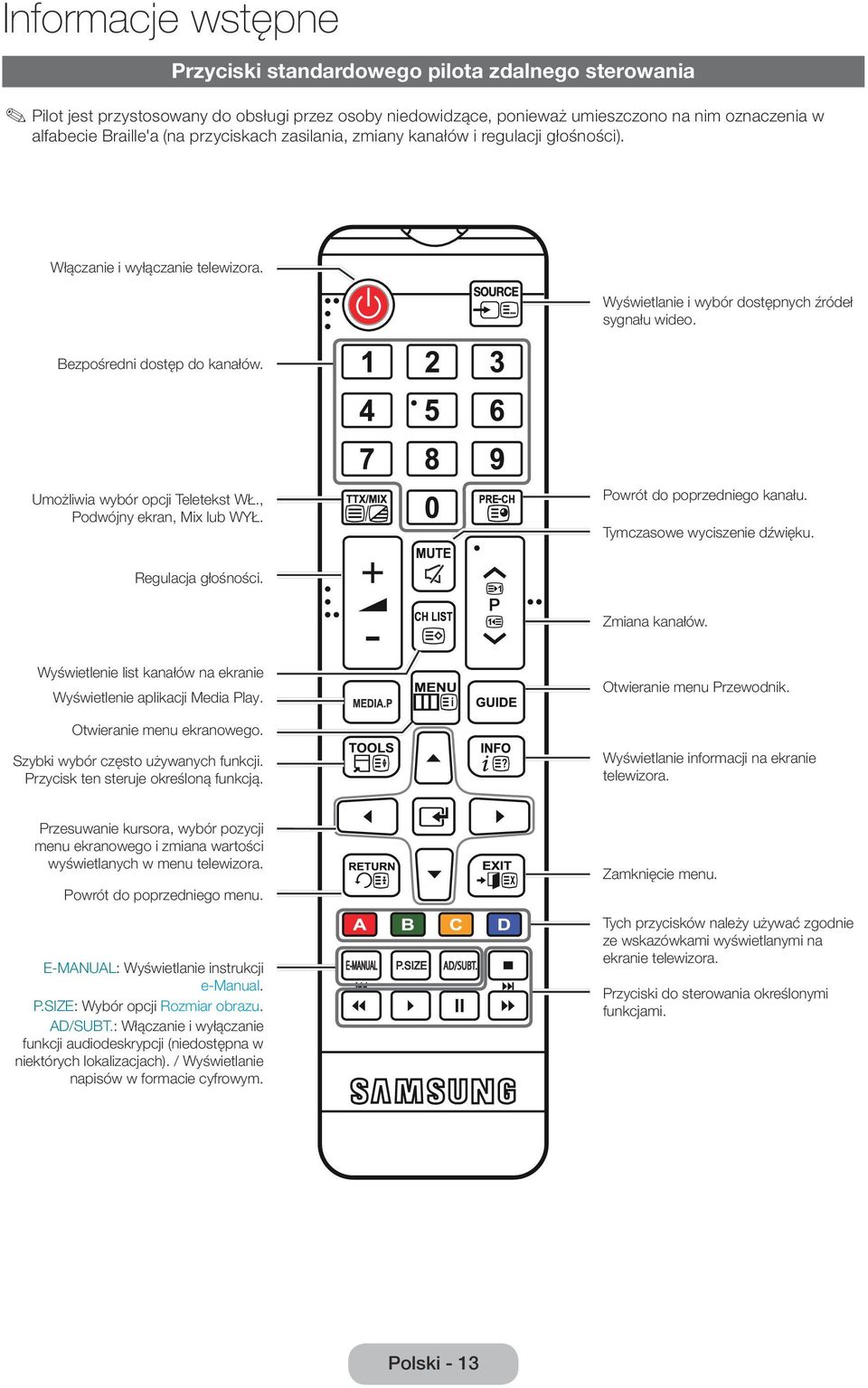 Umożliwia wybór opcji Teletekst WŁ., Podwójny ekran, Mix lub WYŁ. Powrót do poprzedniego kanału. Tymczasowe wyciszenie dźwięku. Regulacja głośności. Zmiana kanałów.