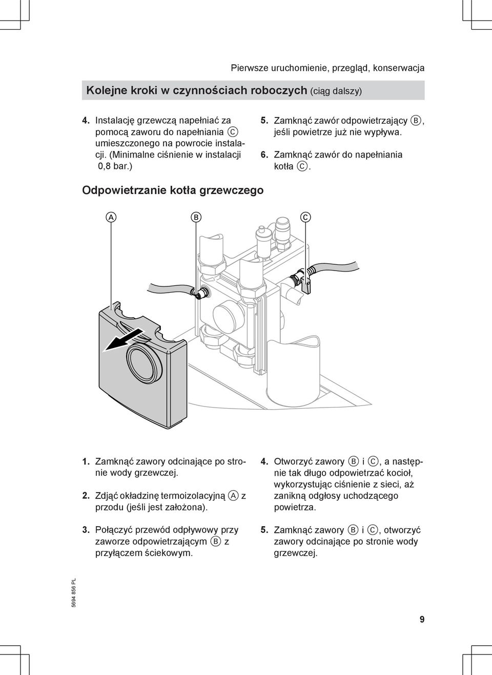 Zamknąć zawory odcinające po stronie wody grzewczej. 2. Zdjąć okładzinę termoizolacyjną A z przodu (jeśli jest założona). 3.