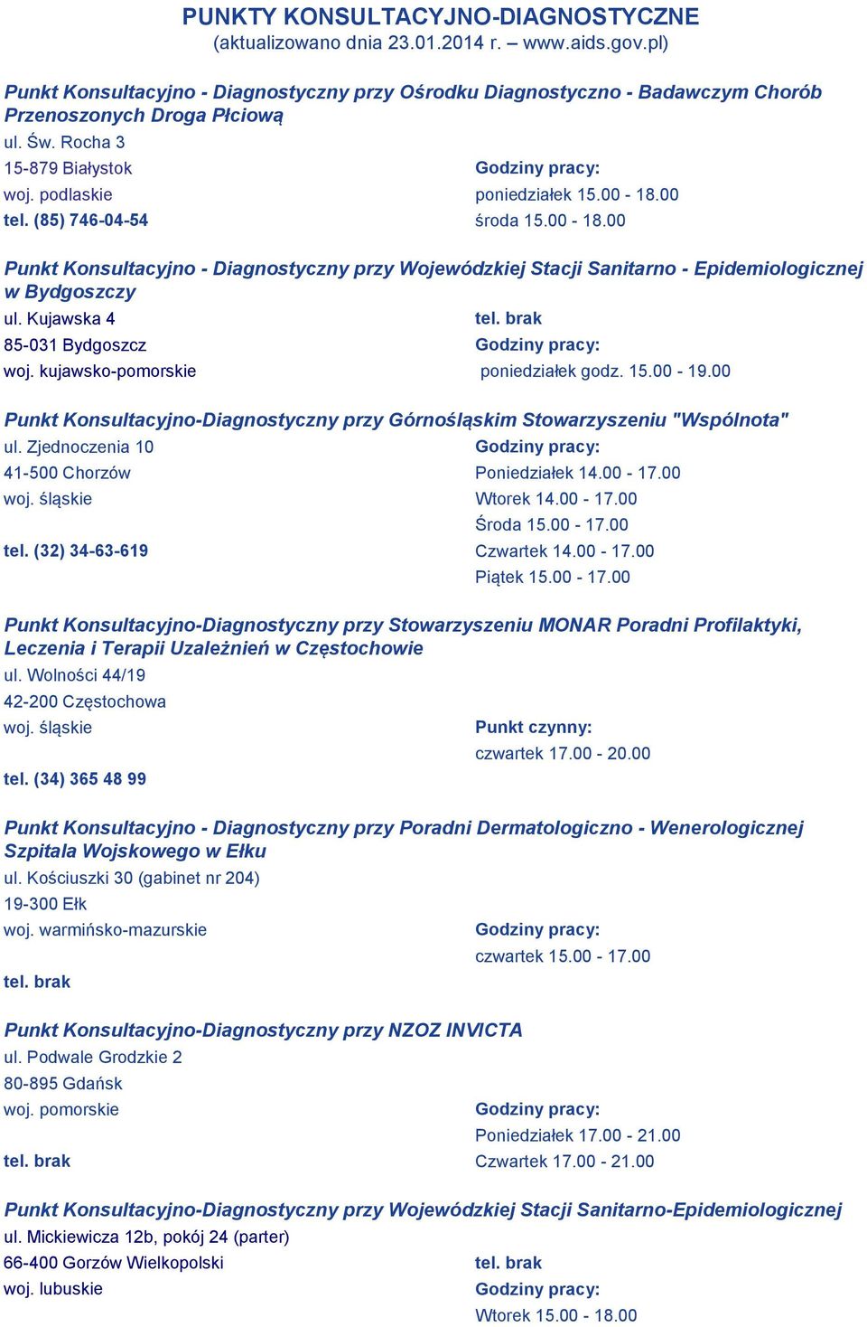 Kujawska 4 85-031 Bydgoszcz woj. kujawsko-pomorskie poniedziałek godz. 15.00-19.00 Punkt Konsultacyjno-Diagnostyczny przy Górnośląskim Stowarzyszeniu "Wspólnota" ul.