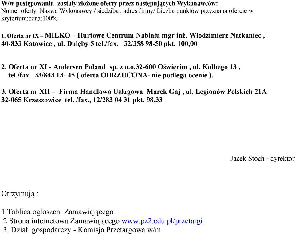 32/358 98-50 pkt. 100,00 2. Oferta nr XI - Andersen Poland sp. z o.o.32-600 Oświęcim, ul. Kolbego 13, tel./fax.