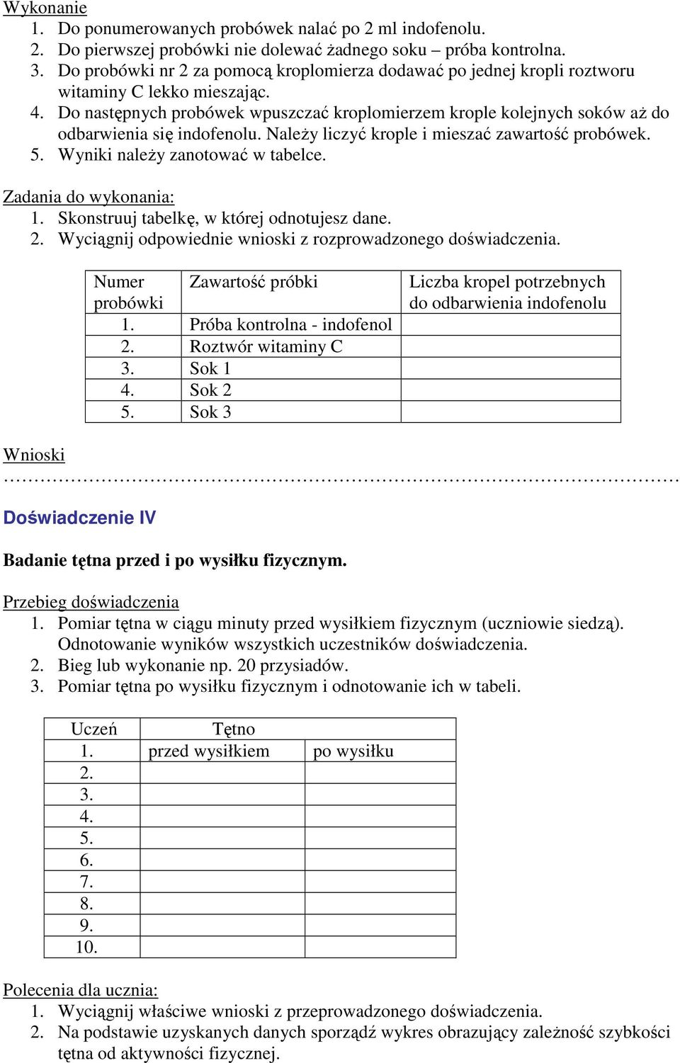 Do następnych probówek wpuszczać kroplomierzem krople kolejnych soków aŝ do odbarwienia się indofenolu. NaleŜy liczyć krople i mieszać zawartość probówek. 5. Wyniki naleŝy zanotować w tabelce.