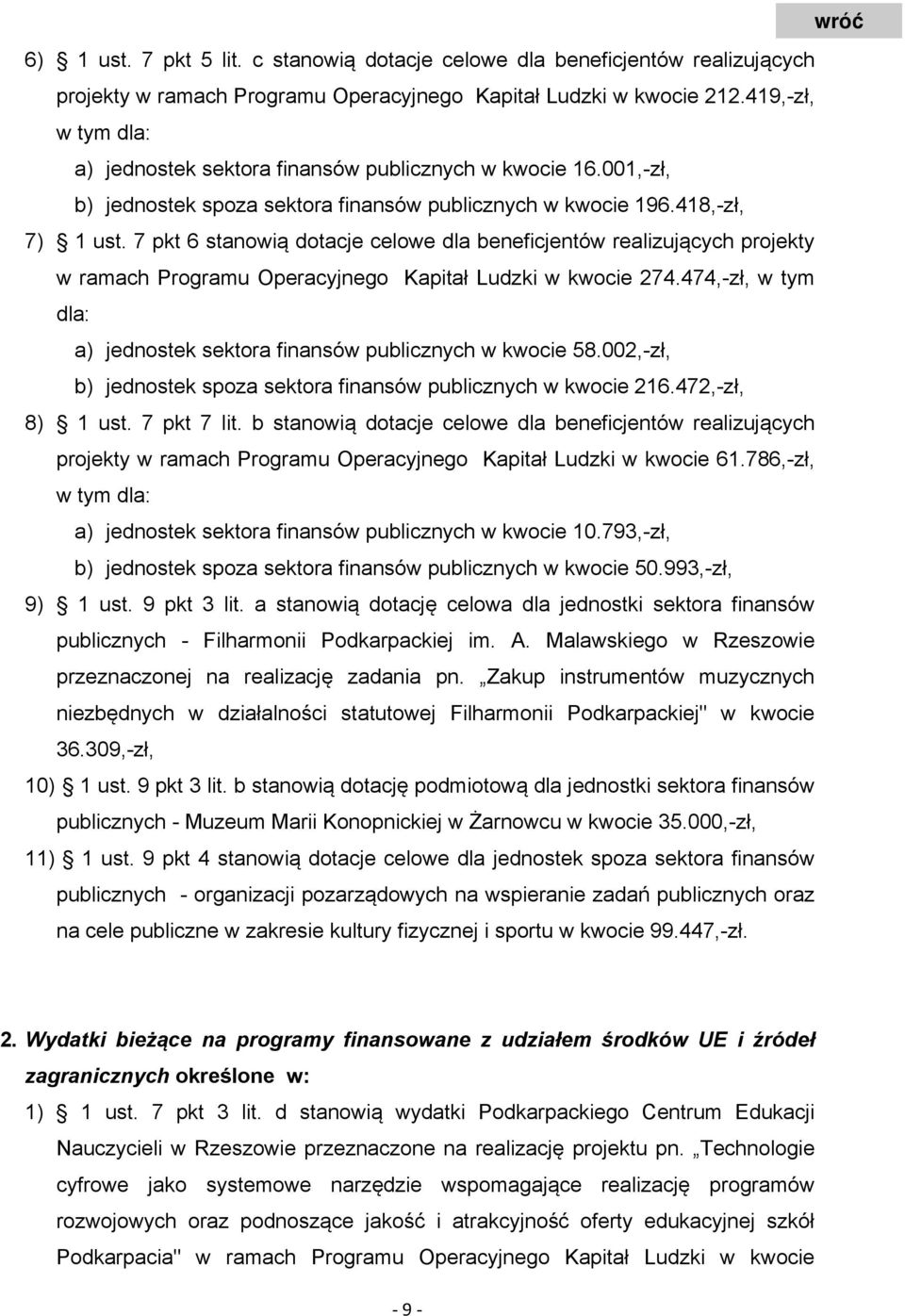 7 pkt 6 stanowią dotacje celowe dla beneficjentów realizujących projekty w ramach Programu Operacyjnego Kapitał Ludzki w kwocie 274.