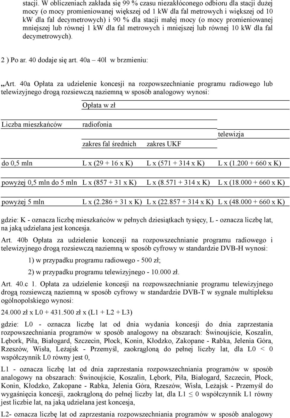 stacji małej mocy (o mocy promieniowanej mniejszej lub równej 1 kw dla fal metrowych i mniejszej lub równej 10 kw dla fal decymetrowych). 2 ) Po ar. 40 dodaje się art. 40a 40l w brzmieniu: Art.