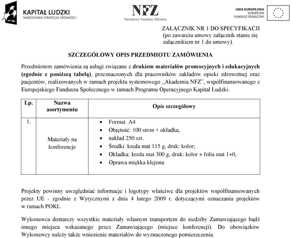 opieki zdrowotnej oraz pacjentów, realizowanych w ramach projektu systemowego Akademia NFZ, współfinansowanego z Europejskiego Funduszu Społecznego w ramach Programu Operacyjnego Kapitał Ludzki. Lp.