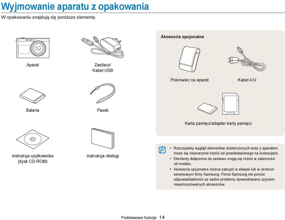 Instrukcja obsługi Rzeczywisty wygląd elementów dostarczonych wraz z aparatem może się nieznacznie różnić od przedstawionego na ilustracjach.