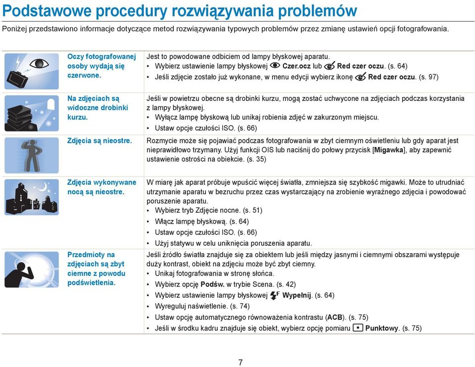 Wybierz ustawienie lampy błyskowej Czer.ocz lub Red czer oczu. (s. 64) Jeśli zdjęcie zostało już wykonane, w menu edycji wybierz ikonę Red czer oczu. (s. 97) Jeśli w powietrzu obecne są drobinki kurzu, mogą zostać uchwycone na zdjęciach podczas korzystania z lampy błyskowej.