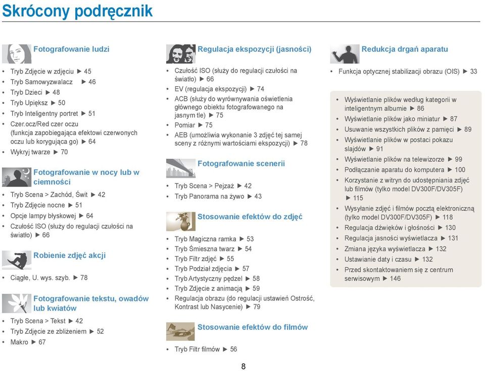 ocz/Red czer oczu (funkcja zapobiegająca efektowi czerwonych oczu lub korygująca go) 64 Wykryj twarze 70 Fotografowanie w nocy lub w ciemności Tryb Scena > Zachód, Świt 42 Tryb Zdjęcie nocne 51 Opcje