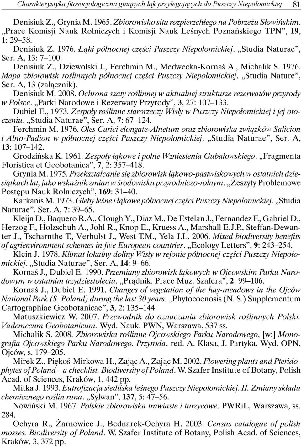 , Ferchmin M., Medwecka-Kornaś A., Michalik S. 1976. Mapa zbiorowisk roślinnych północnej części Puszczy Niepołomickiej. Studia Nature, Ser. A, 13 (załącznik). Denisiuk M. 2008.