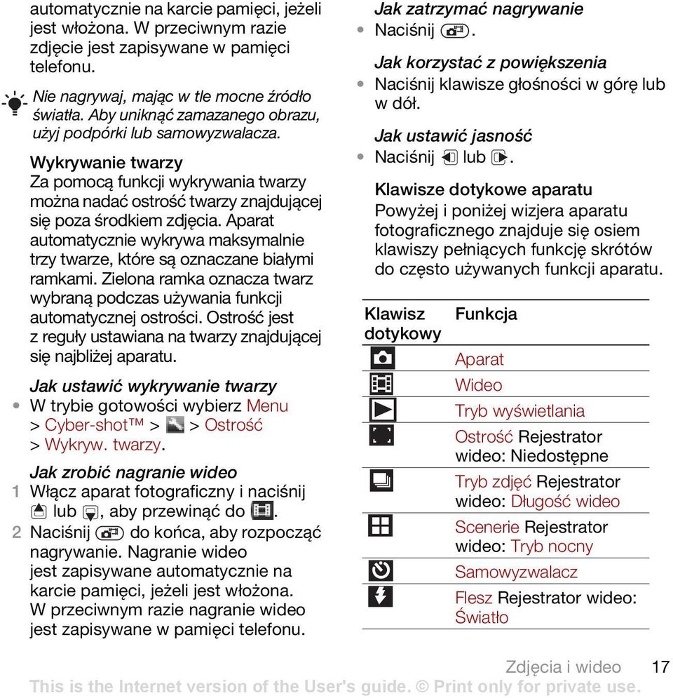 Aparat automatycznie wykrywa maksymalnie trzy twarze, które są oznaczane białymi ramkami. Zielona ramka oznacza twarz wybraną podczas używania funkcji automatycznej ostrości.