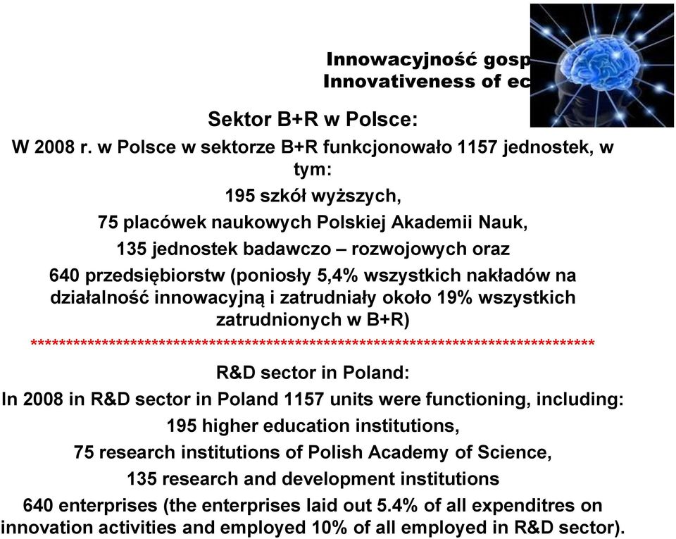 (poniosły 5,4% wszystkich nakładów na działalność innowacyjną i zatrudniały około 19% wszystkich zatrudnionych w B+R) ******* R&D sector in Poland: In 2008 in R&D sector in Poland 1157