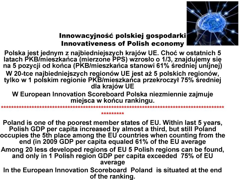 5 polskich regionów, tylko w 1 polskim regionie PKB/mieszkańca przekroczył 75% średniej dla krajów UE W European Innovation Scoreboard Polska niezmiennie zajmuje miejsca w końcu rankingu.