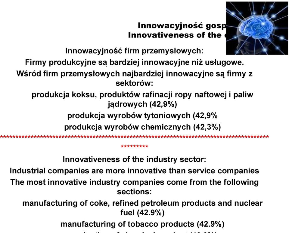 tytoniowych (42,9% produkcja wyrobów chemicznych (42,3%) Innovativeness of the industry sector: Industrial companies are more innovative than service companies The