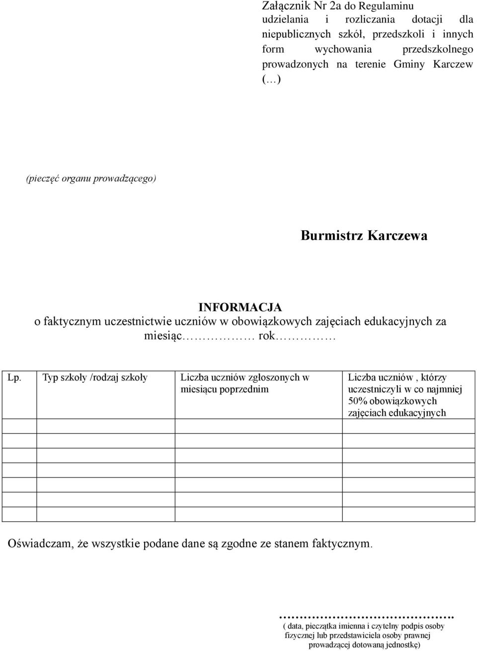 Typ szkoły /rodzaj szkoły Liczba uczniów zgłoszonych w miesiącu poprzednim Liczba uczniów, którzy uczestniczyli w co najmniej 50% obowiązkowych zajęciach edukacyjnych