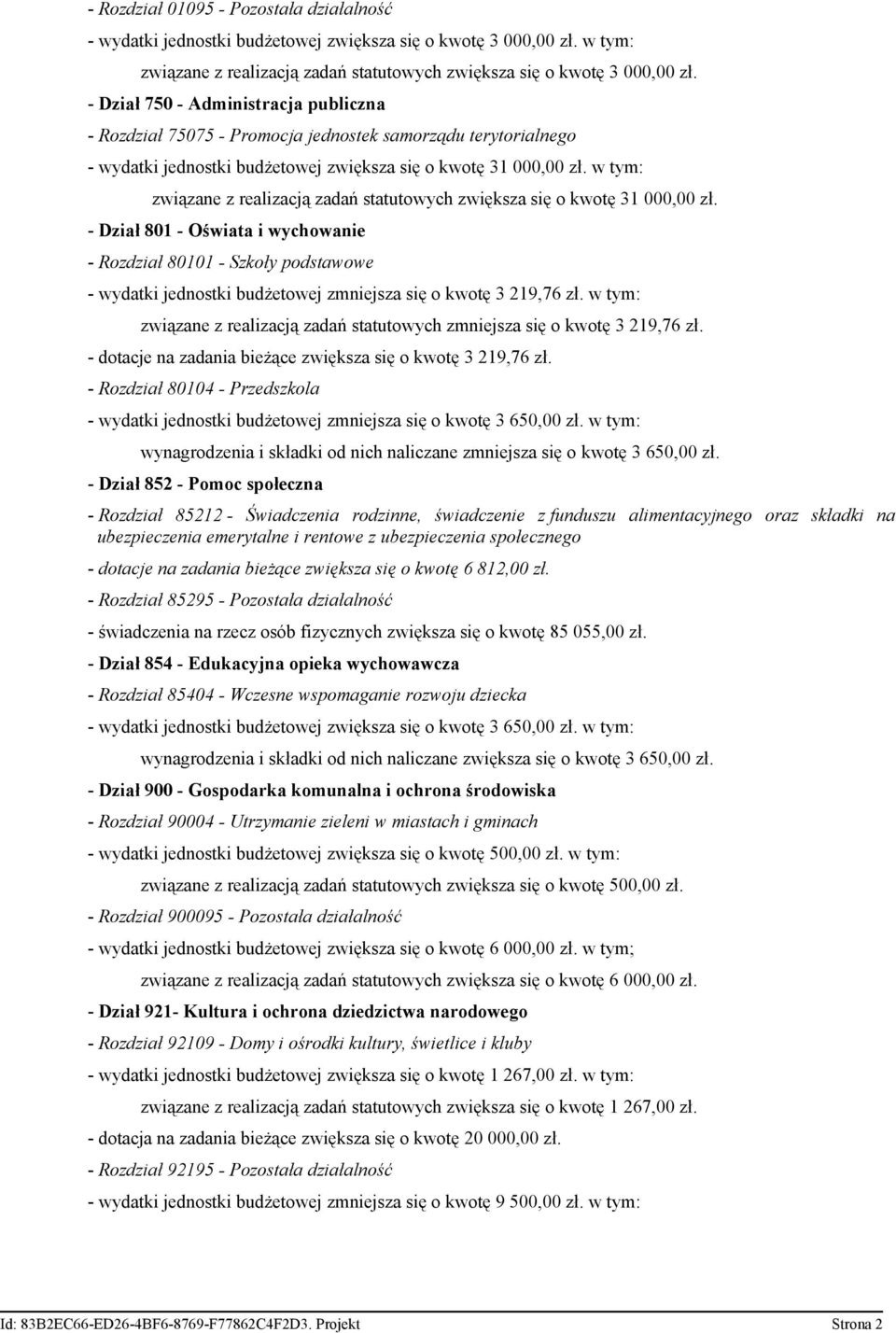 w tym: związane z realizacją zadań statutowych zwiększa się o kwotę 31 000,00 zł.