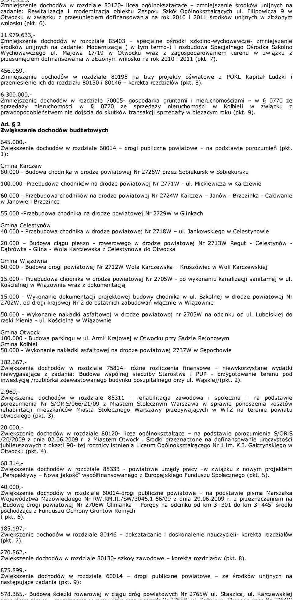 633,- Zmniejszenie dochodów w rozdziale 85403 specjalne ośrodki szkolno-wychowawcze- zmniejszenie środków unijnych na zadanie: Modernizacja ( w tym termo-) i rozbudowa Specjalnego Ośrodka Szkolno