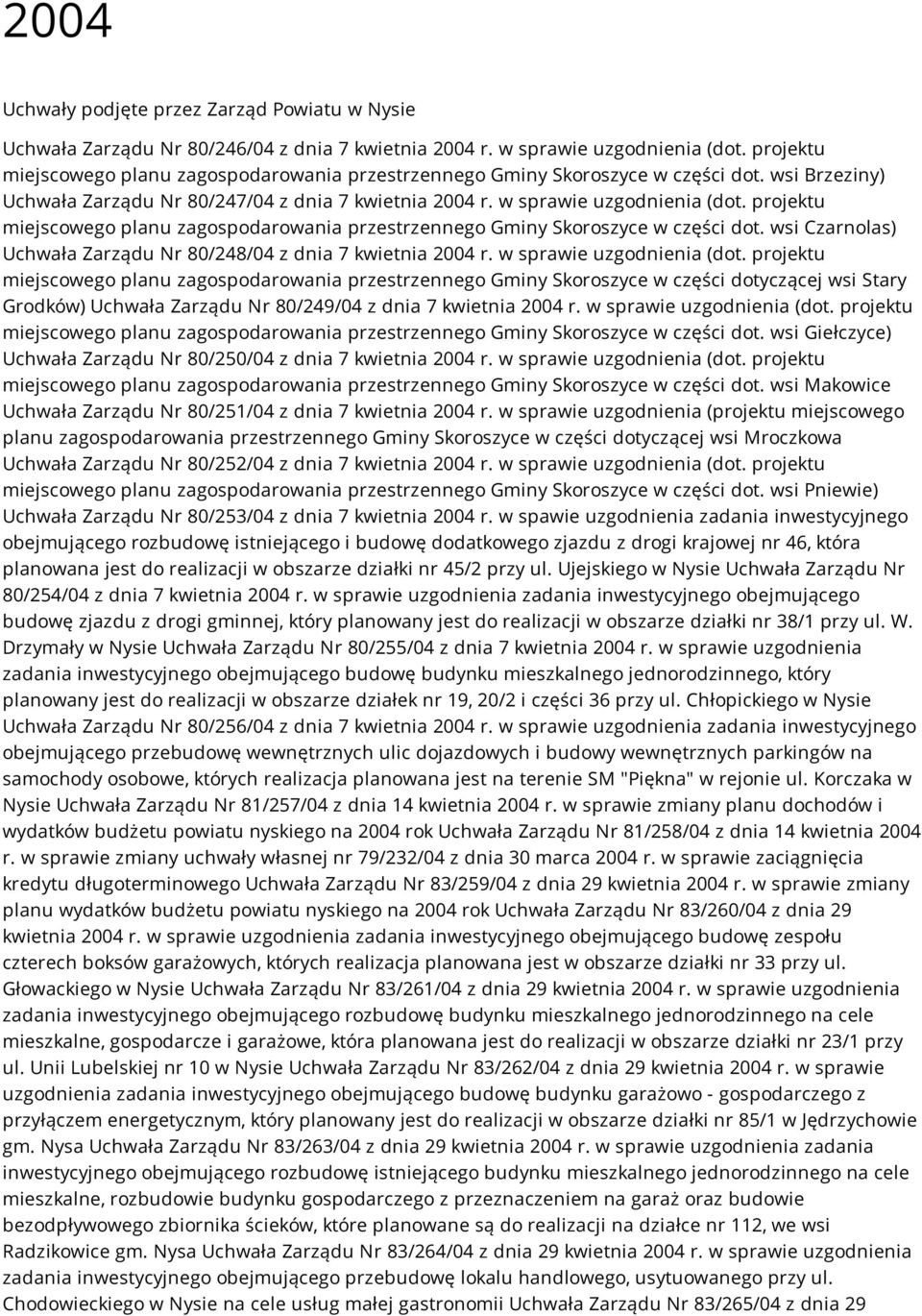 projektu miejscowego planu zagospodarowania przestrzennego Gminy Skoroszyce w części dot. wsi Czarnolas) Uchwała Zarządu Nr 80/248/04 z dnia 7 kwietnia 2004 r. w sprawie uzgodnienia (dot.