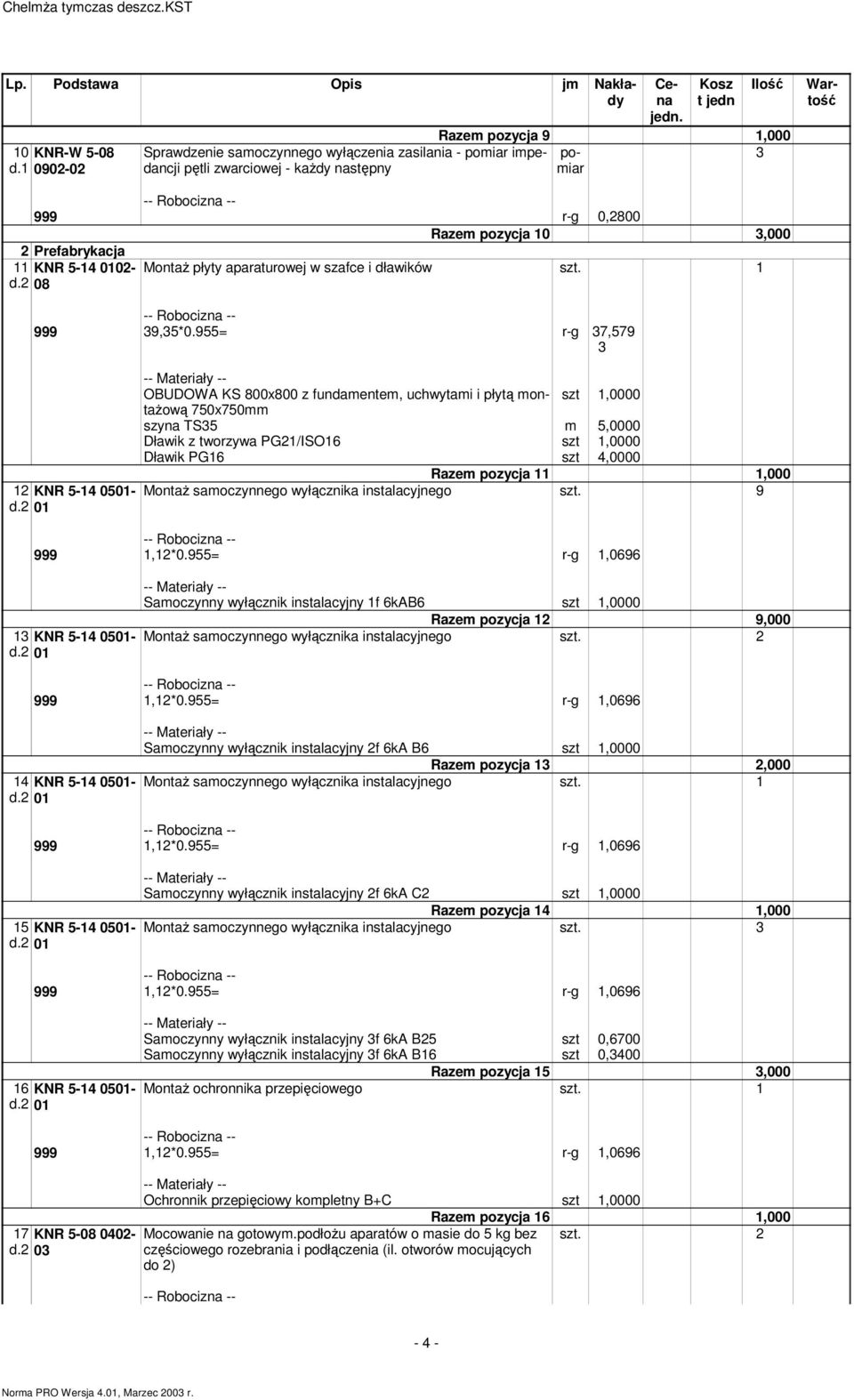 Razem pozycja 1 3, 2 Prefabrykacja 11 d.2 KNR 5-14 12-8 Montaż płyty aparaturowej w szafce i dławików 1 999 39,35*.955= r-g 37,579 3 12 KNR 5-14 51- d.