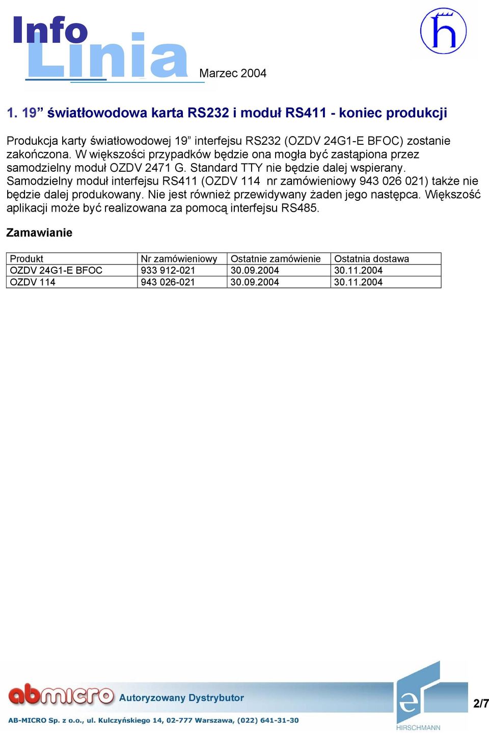 Samodzielny moduł interfejsu RS411 (OZDV 114 nr zamówieniowy 943 026 021) także nie będzie dalej produkowany. Nie jest również przewidywany żaden jego następca.