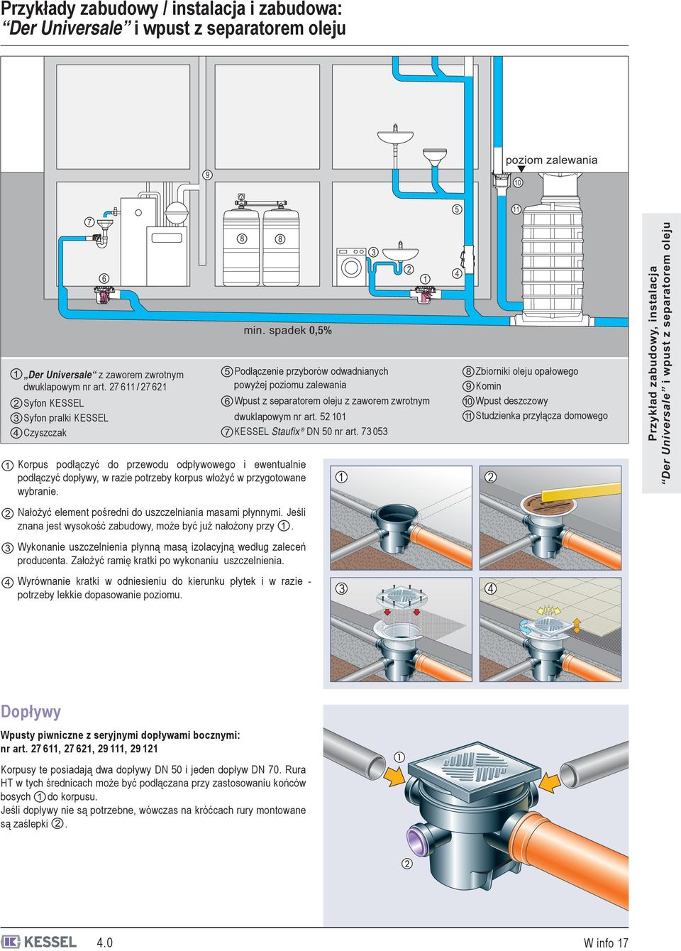 7 6 / 7 6 Syfon KESSEL Syfon pralki KESSEL 4 Czyszczak powyżej poziomu zalewania 6 Wpust z separatorem oleju z zaworem zwrotnym dwuklapowym nr art. 5 0 7 KESSEL Staufix DN 50 nr art.
