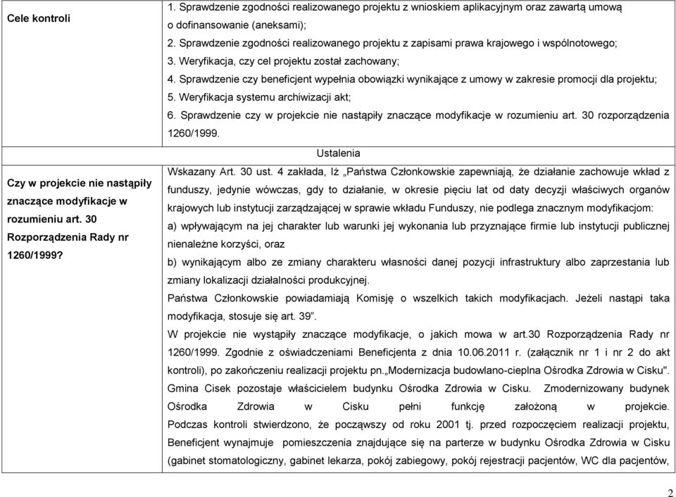 Sprawdzenie zgodności realizowanego projektu z zapisami prawa krajowego i wspólnotowego; 3. Weryfikacja, czy cel projektu został zachowany; 4.