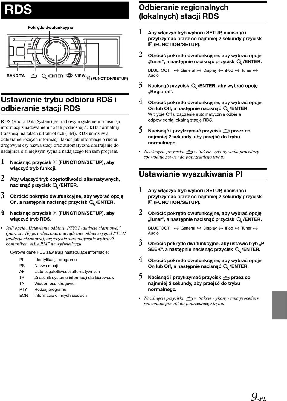 BAND/TA /ENTER VIEW (FUNCTION/SETUP) Ustawienie trybu odbioru RDS i odbieranie stacji RDS RDS (Radio Data System) jest radiowym systemem transmisji informacji z nadawaniem na fali podnośnej 57 khz