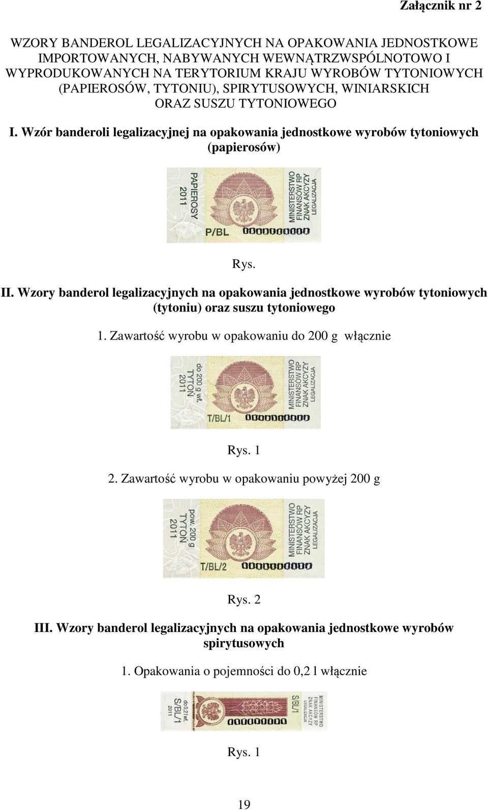 Wzory banderol legalizacyjnych na opakowania jednostkowe wyrobów tytoniowych (tytoniu) oraz suszu tytoniowego 1. Zawartość wyrobu w opakowaniu do 200 g włącznie Rys. 1 2.