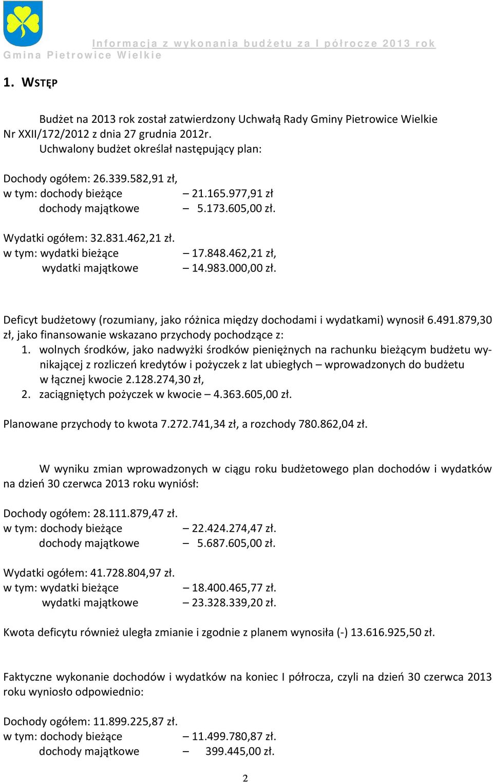 Deficyt budżetowy (rozumiany, jako różnica między dochodami i wydatkami) wynosił 6.491.879,30 zł, jako finansowanie wskazano przychody pochodzące z: 1.