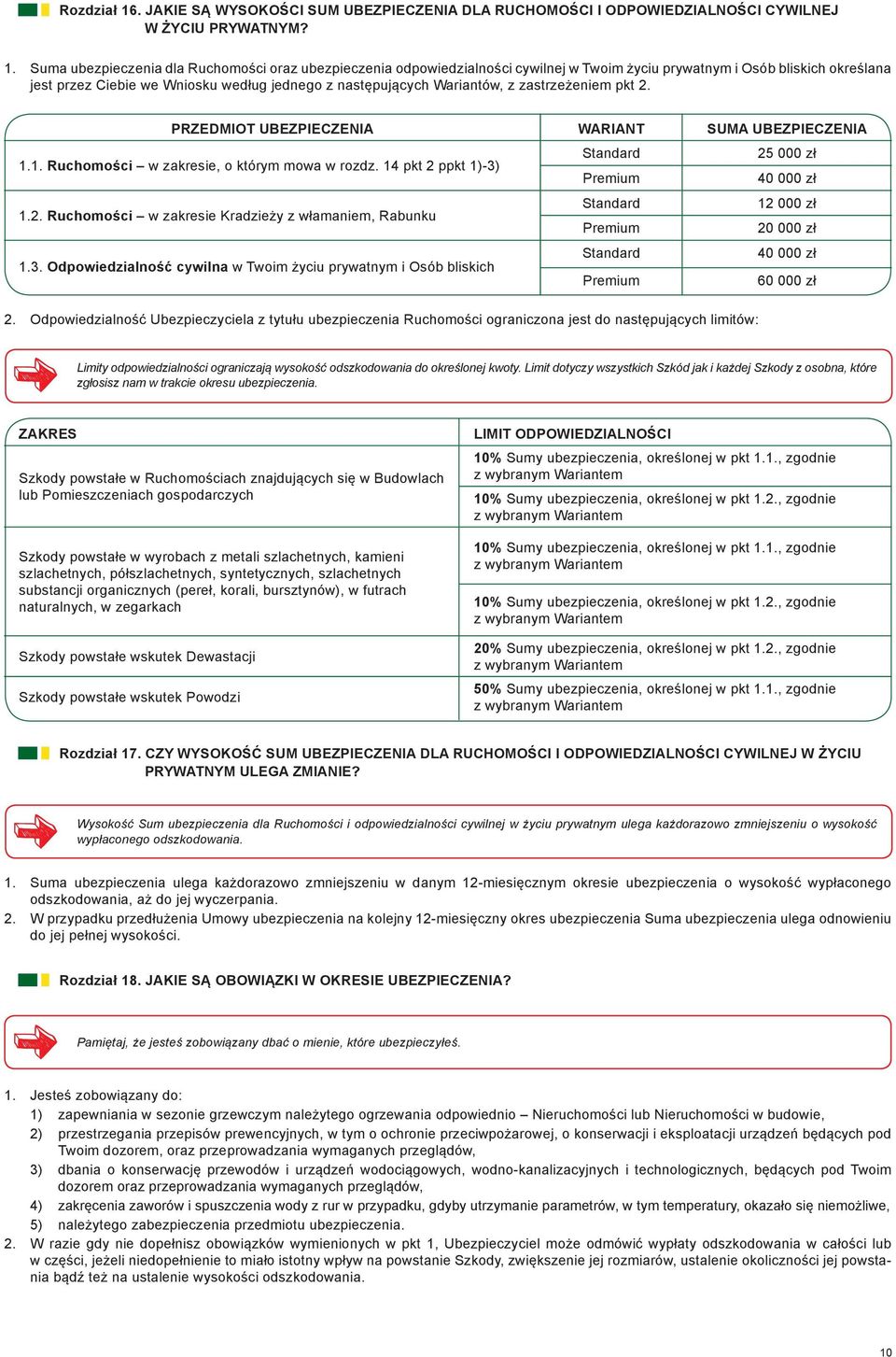 Suma ubezpieczenia dla Ruchomości oraz ubezpieczenia odpowiedzialności cywilnej w Twoim życiu prywatnym i Osób bliskich określana jest przez Ciebie we Wniosku według jednego z następujących