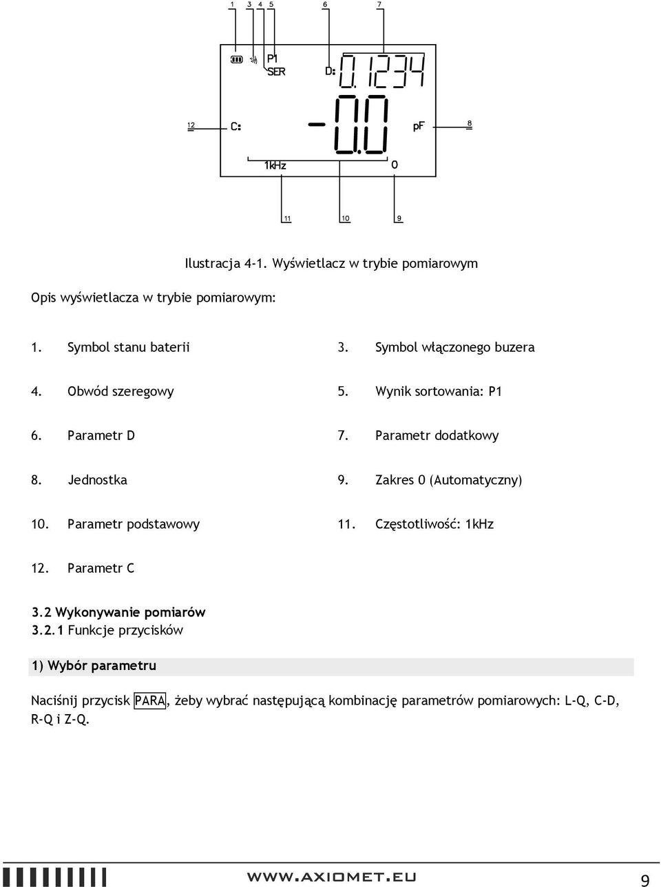 Zakres 0 (Automatyczny) 10. arametr podstawowy 11. Częstotliwość: 1kHz 1. arametr C 3. Wykonywanie pomiarów 3.