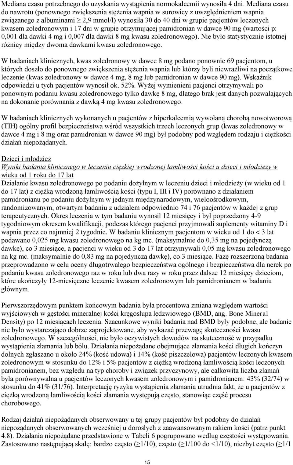 zoledronowym i 17 dni w grupie otrzymującej pamidronian w dawce 90 mg (wartości p: 0,001 dla dawki 4 mg i 0,007 dla dawki 8 mg kwasu zoledronowego).