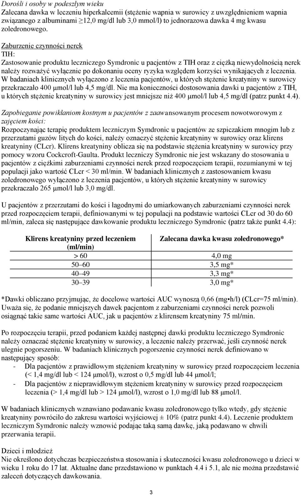 Zaburzenie czynności nerek TIH: Zastosowanie produktu leczniczego Symdronic u pacjentów z TIH oraz z ciężką niewydolnością nerek należy rozważyć wyłącznie po dokonaniu oceny ryzyka względem korzyści