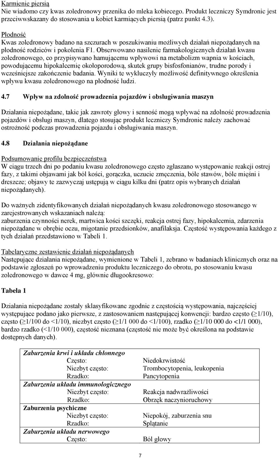 Obserwowano nasilenie farmakologicznych działań kwasu zoledronowego, co przypisywano hamującemu wpływowi na metabolizm wapnia w kościach, powodującemu hipokalcemię okołoporodową, skutek grupy