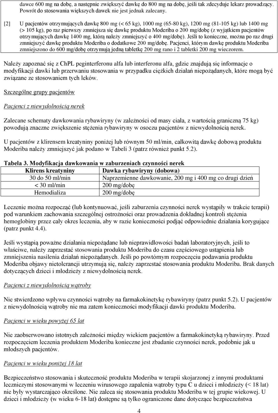 pacjentów otrzymujących dawkę 1400 mg, którą należy zmniejszyć o 400 mg/dobę). Jeśli to konieczne, można po raz drugi zmniejszyć dawkę produktu Moderiba o dodatkowe 200 mg/dobę.