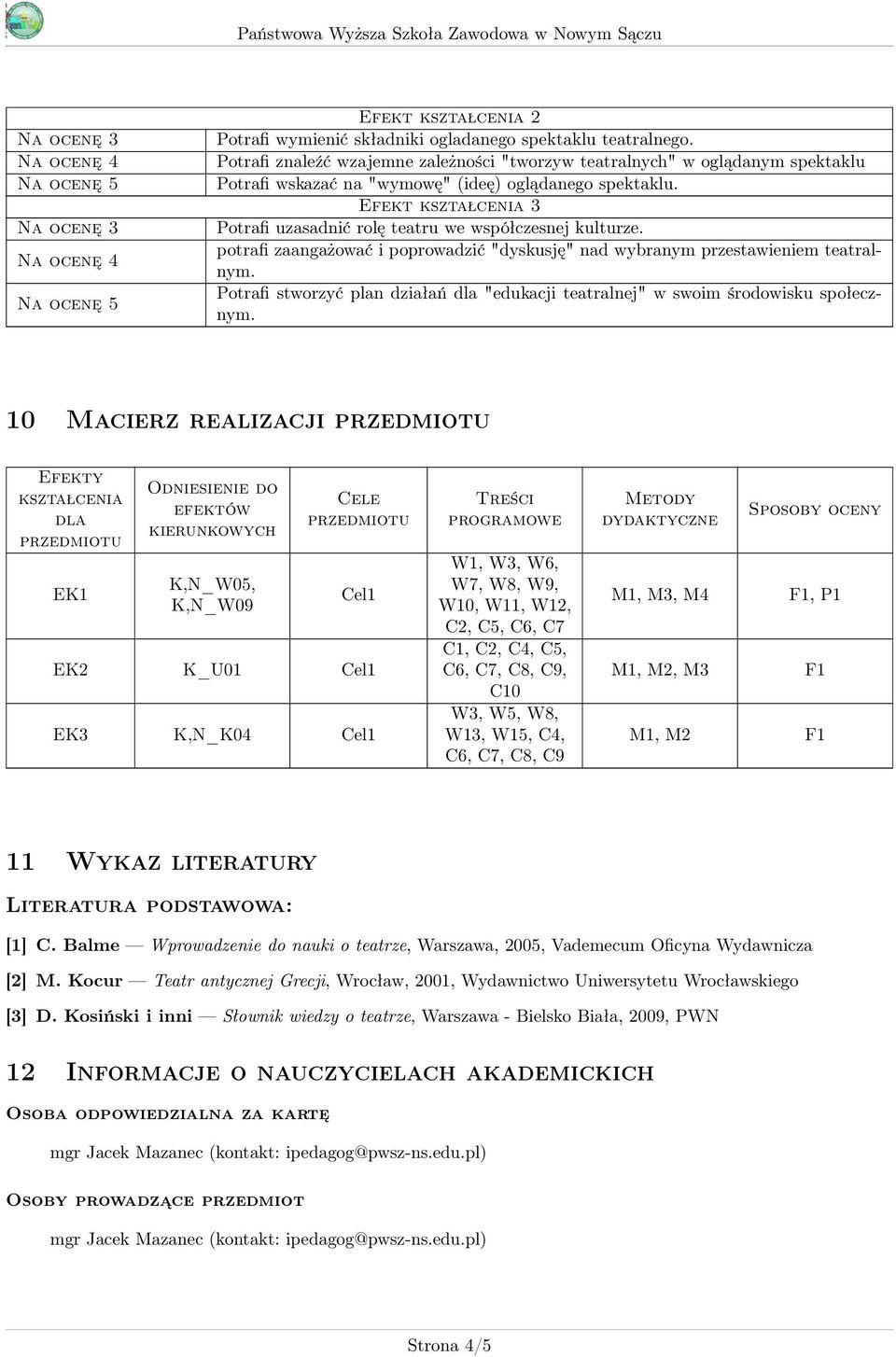 Efekt kształcenia 3 Potrafi uzasadnić rolę teatru we współczesnej kulturze. potrafi zaangażować i poprowadzić "dyskusję" nad wybranym przestawieniem teatralnym.