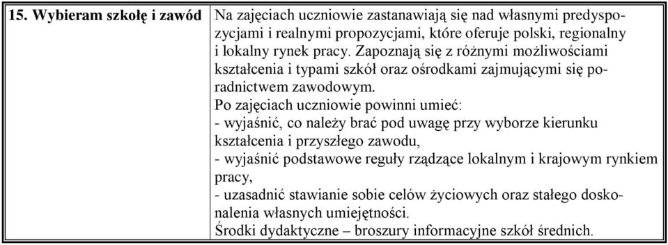 - wyjaśnić, co należy brać pod uwagę przy wyborze kierunku kształcenia i przyszłego zawodu, - wyjaśnić podstawowe reguły rządzące lokalnym i krajowym