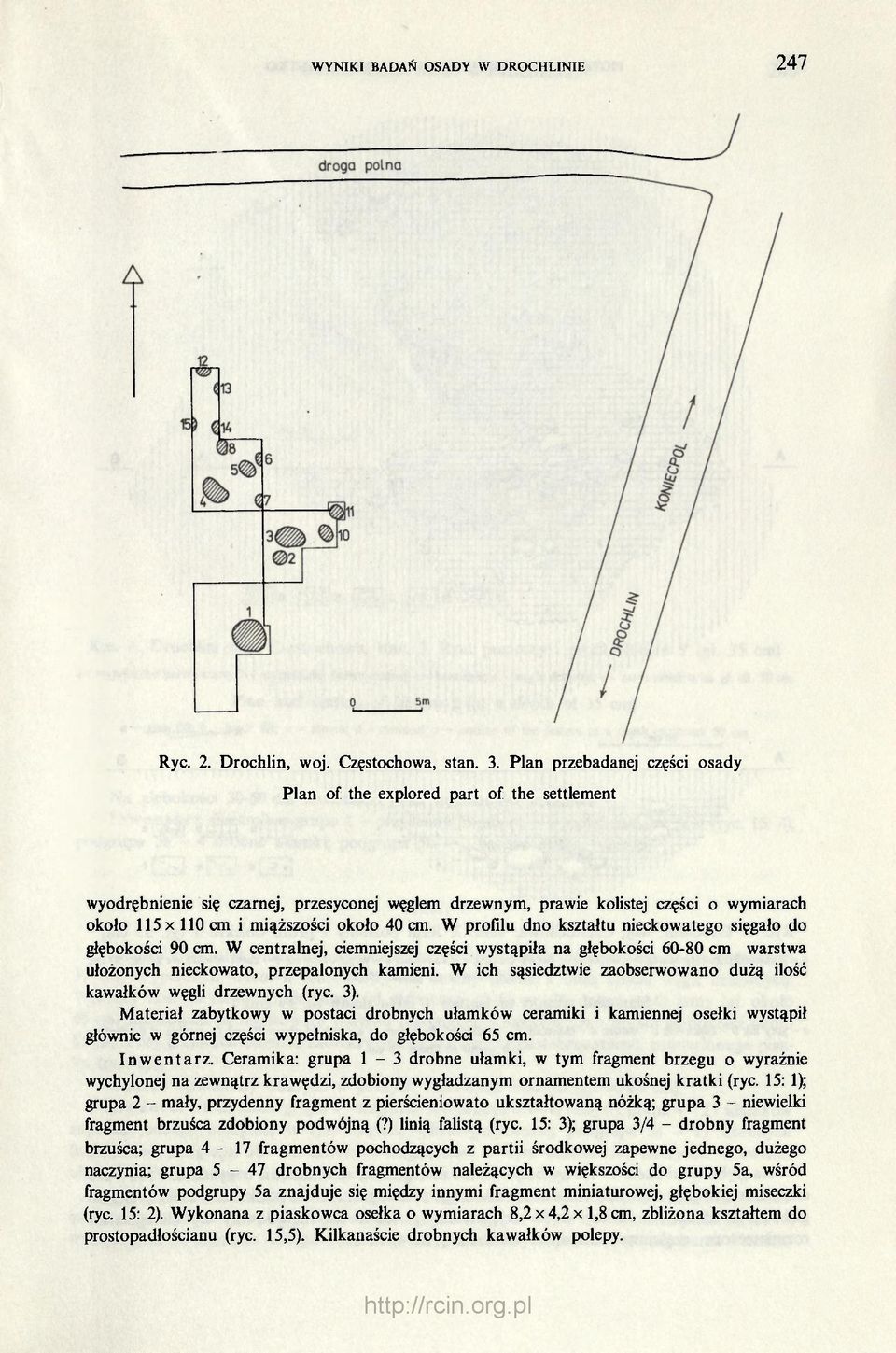 około 40 cm. W profilu dno kształtu nieckowatego sięgało do głębokości 90 cm. W centralnej, ciemniejszej części wystąpiła na głębokości 60-80 cm warstwa ułożonych nieckowato, przepalonych kamieni.