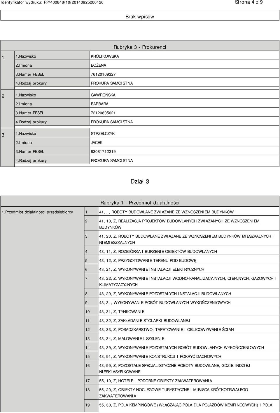 Rodzaj prokury PROKURA SAMOISTNA Dział 3 Rubryka 1 - Przedmiot działalności 1.