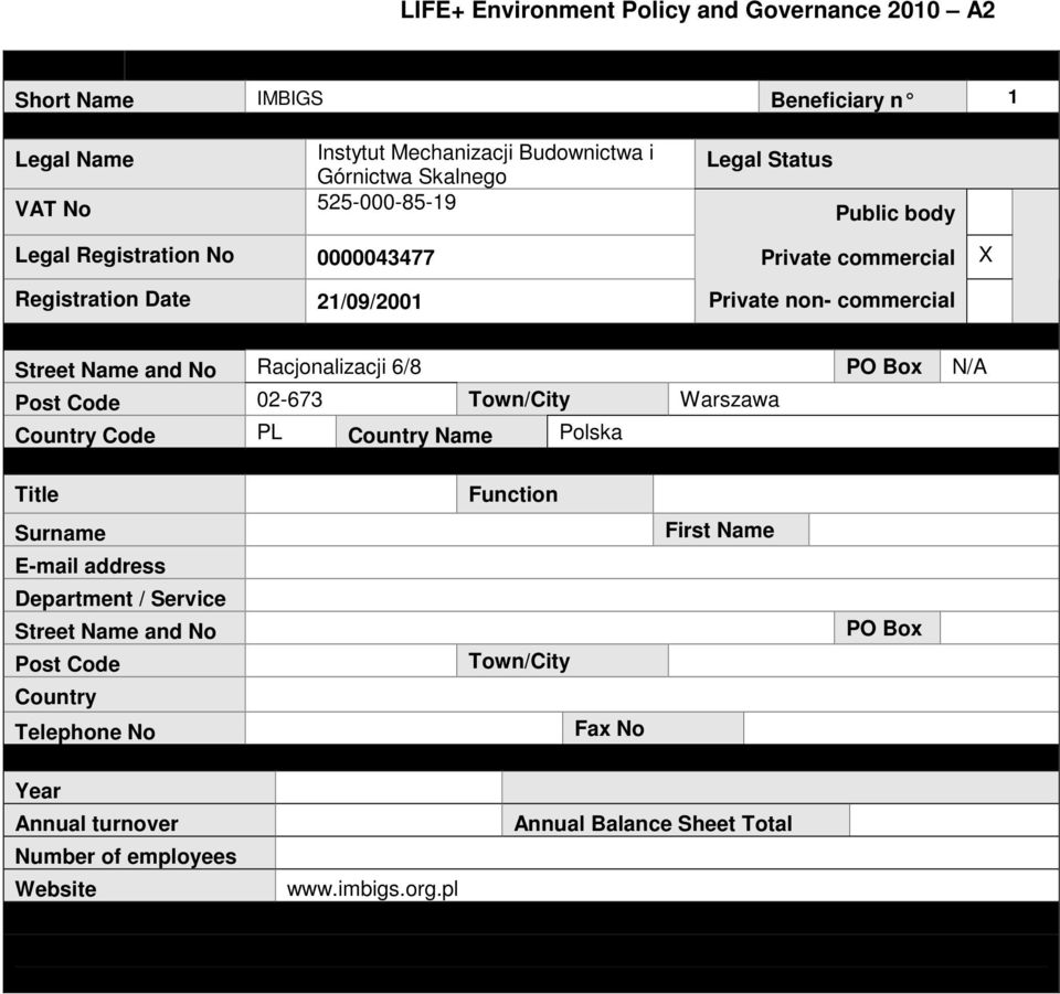 Coordinating Beneficiary Private non- commercial Street Name and No Racjonalizacji 6/8 PO Box N/A Post Code 02-673 Town/City Warszawa Country Code PL Country Name Polska Coordinating Beneficiary