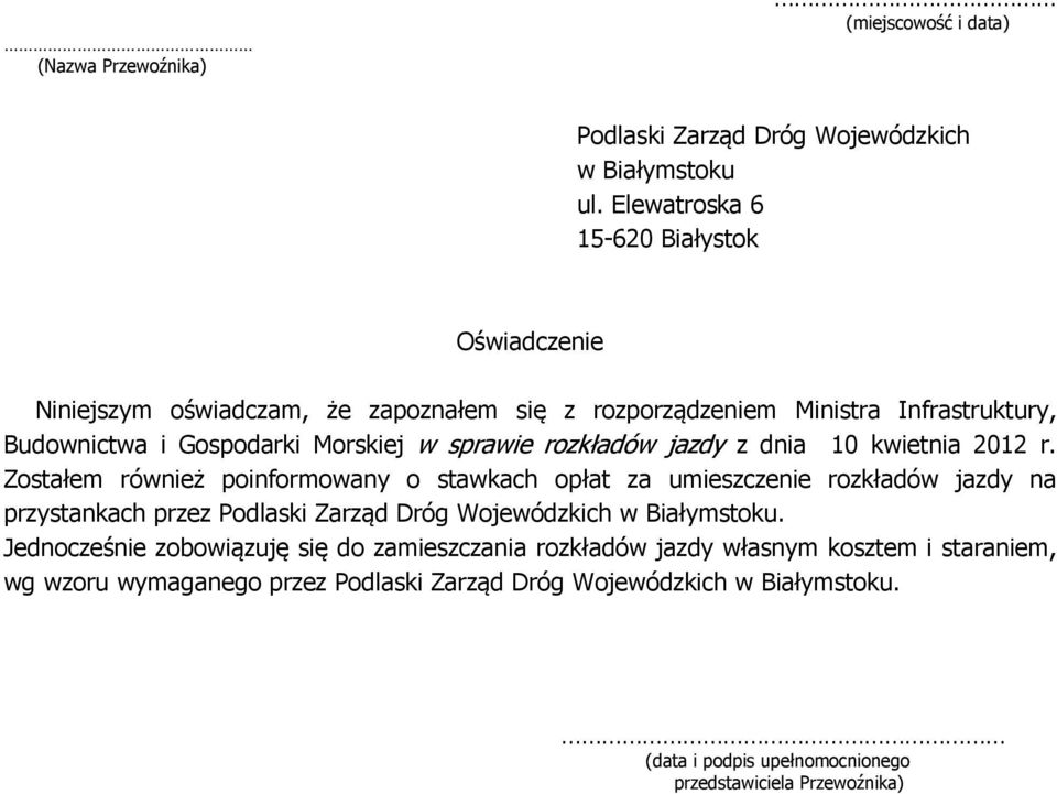 rozkładów jazdy z dnia 10 kwietnia 2012 r.