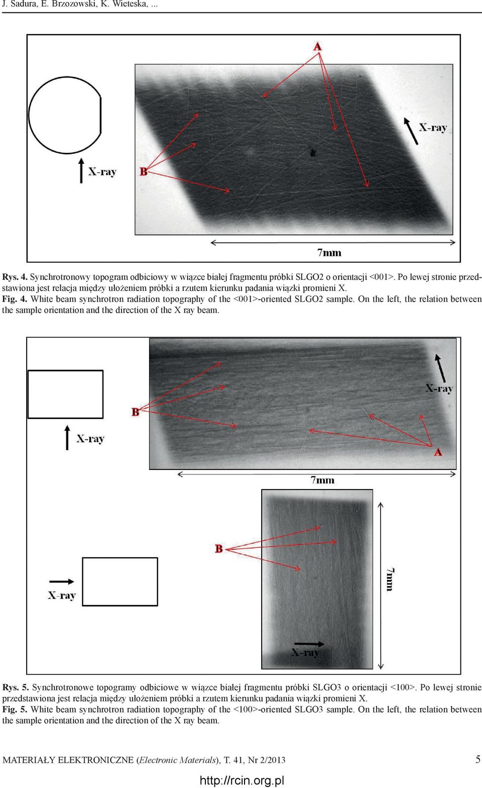 On the left, the relation between the sample orientation and the direction of the X ray beam. Rys. 5. Synchrotronowe topogramy odbiciowe w wiązce białej fragmentu próbki SLGO3 o orientacji <100>.