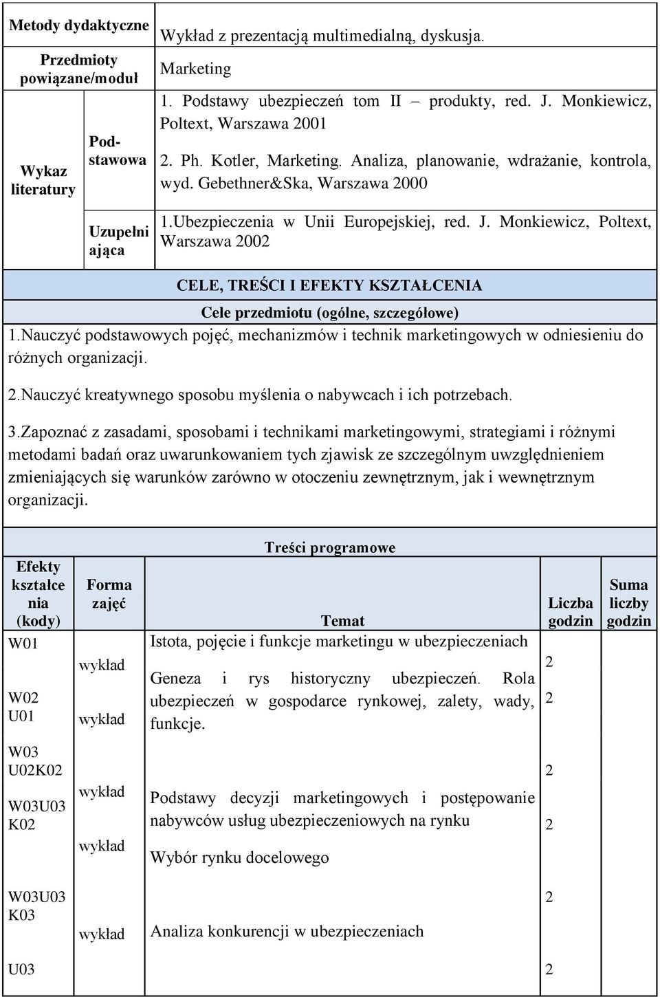 Monkiewicz, Poltext, Warszawa 00 CELE, TREŚCI I EFEKTY KSZTAŁCENIA Cele przedmiotu (ogólne, szczegółowe) 1.