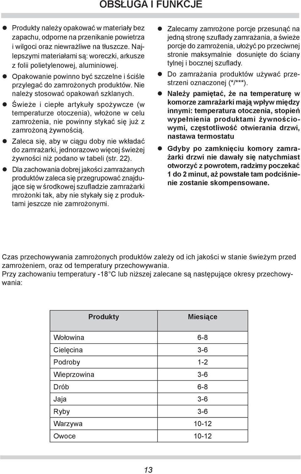 Nie należy sto so wać opa ko wań szklanych. Świeże i ciepłe artykuły spożywcze (w temperaturze otoczenia), włożone w celu zamrożenia, nie powinny stykać się już z zamrożoną żywnością.