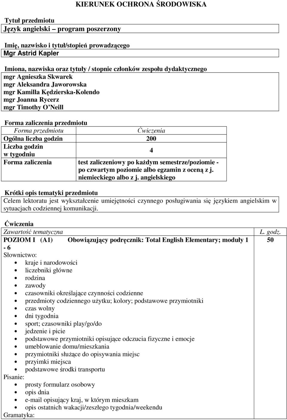 godzin 200 Liczba godzin 4 w tygodniu Forma zaliczenia test zaliczeniowy po każdym semestrze/poziomie - po czwartym poziomie albo egzamin z oceną z j. niemieckiego albo z j.